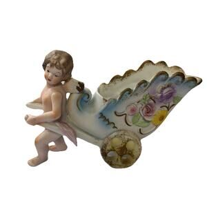 Vintage Napco Cherub Angel w/Wings Pulling Cart Trinket Planter Figurine